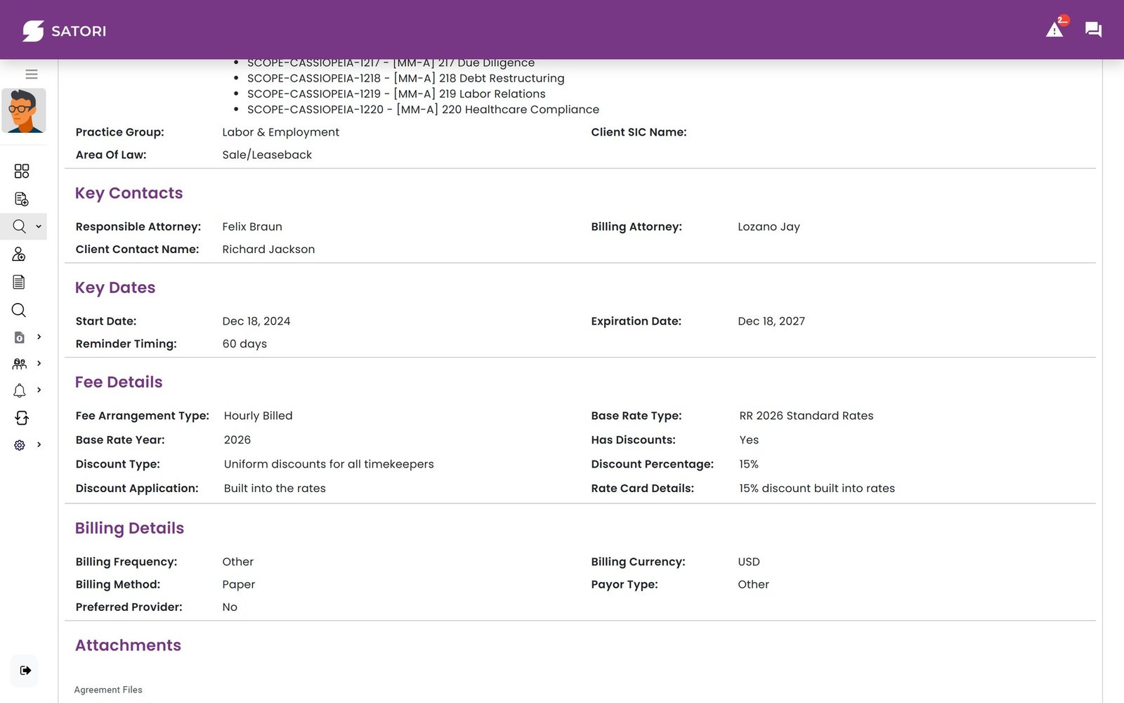 Satori agreement detail showing key contacts, key dates, fee details with base rate year and discount, and billing details