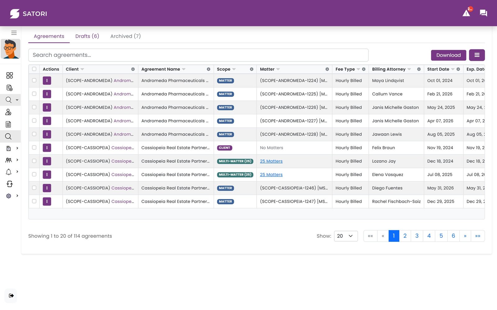 Satori agreement list with scope badges, matters, fee type, billing attorney, and start and expiration dates