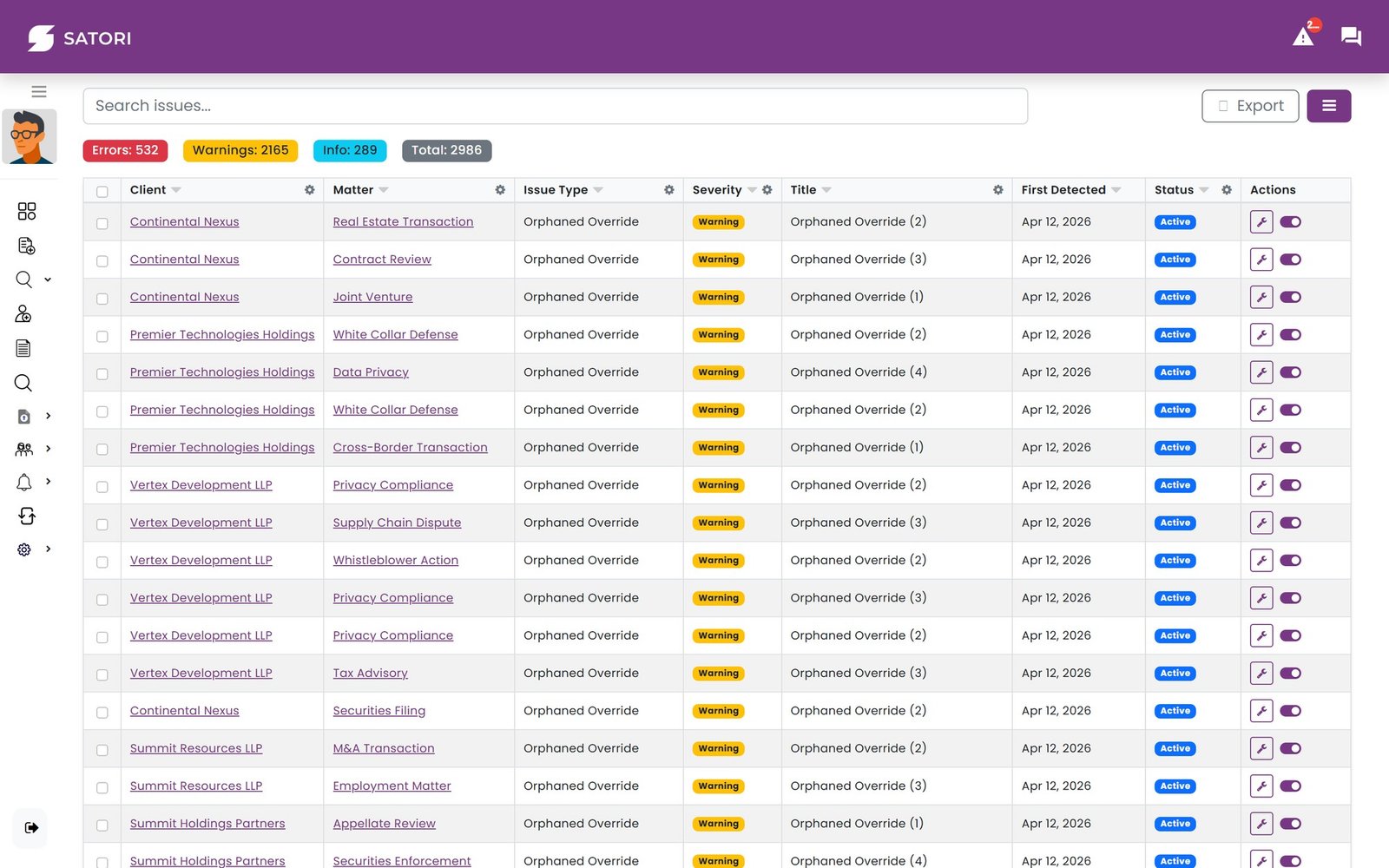 Satori data issues list with error, warning, and info counts and rows showing client, matter, issue type, severity, and first-detected date