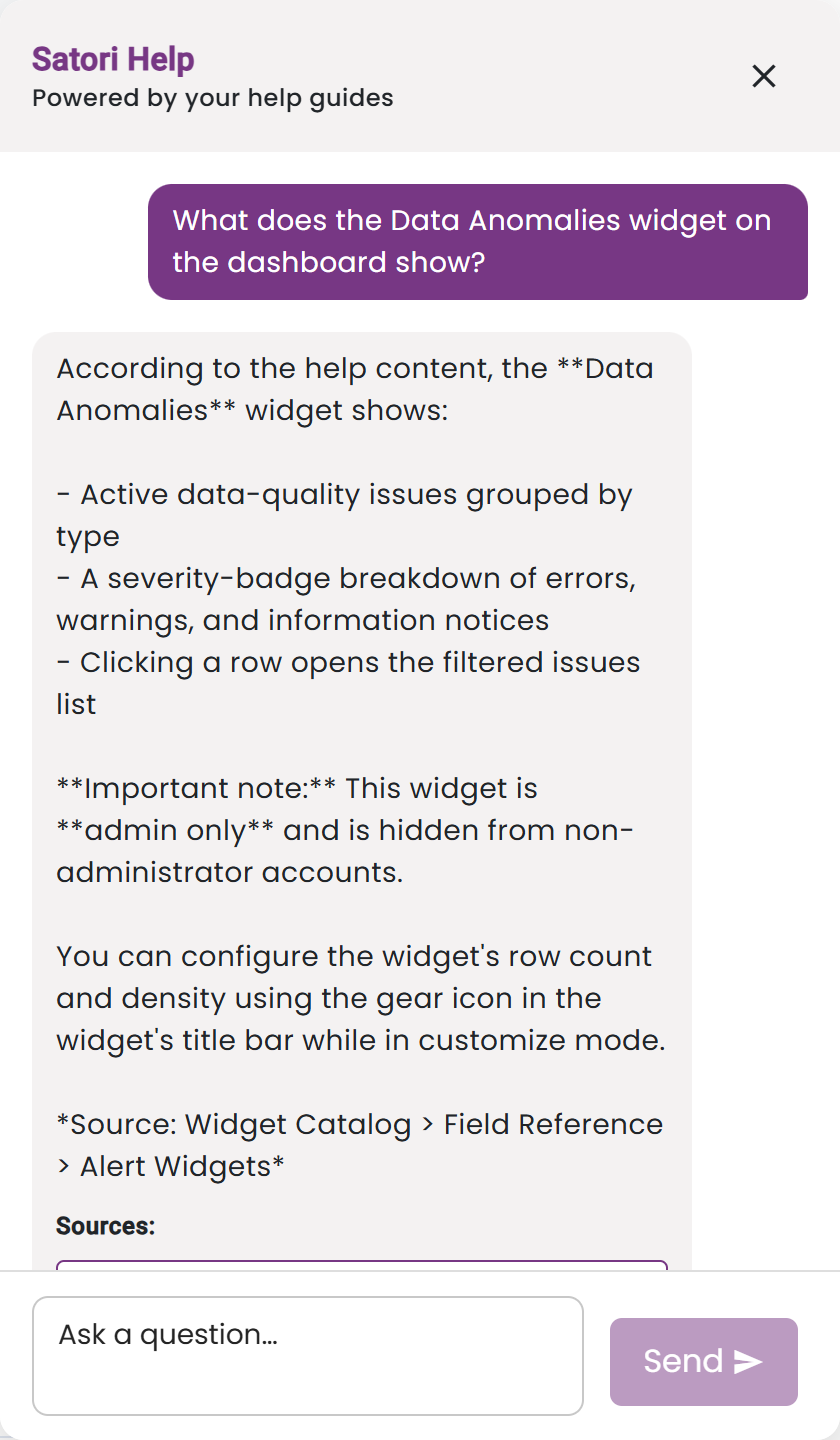 Satori Help panel answering a question about the Data Anomalies dashboard widget, with sources listed