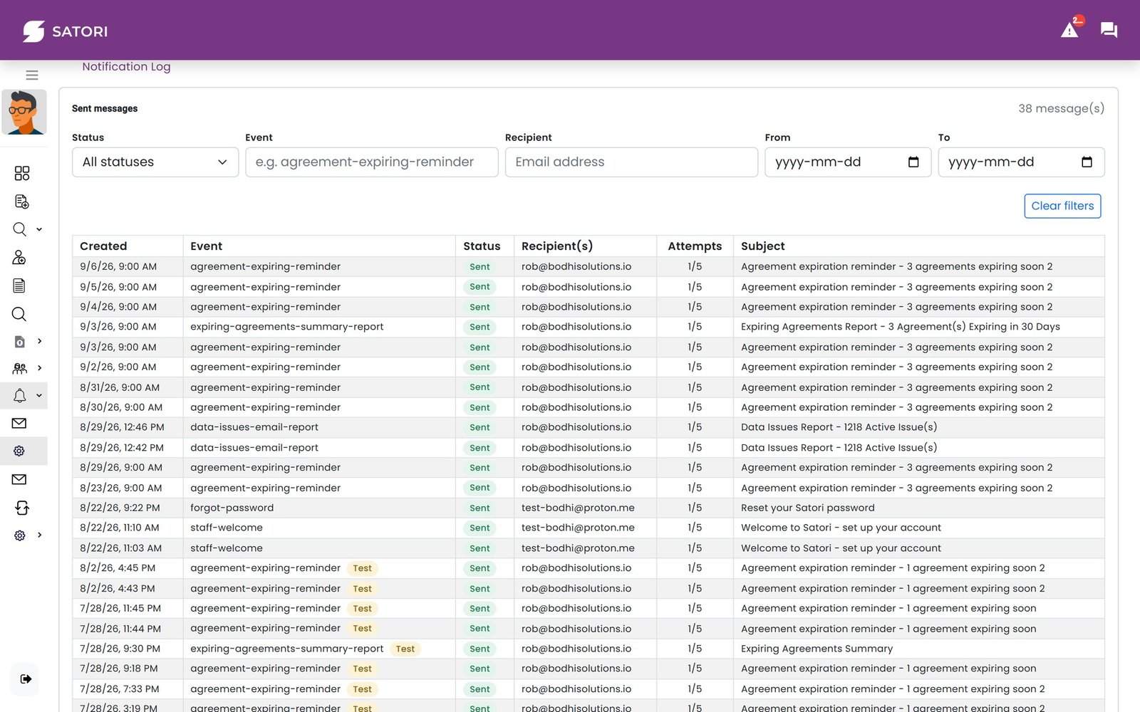 Satori notification log listing sent expiring-agreement reminders and data issues reports with status, recipient, attempts, and subject